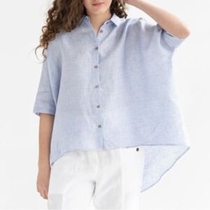 MagicLinen Hana Blue Gingham Print Linen Top Women's Size L to XL